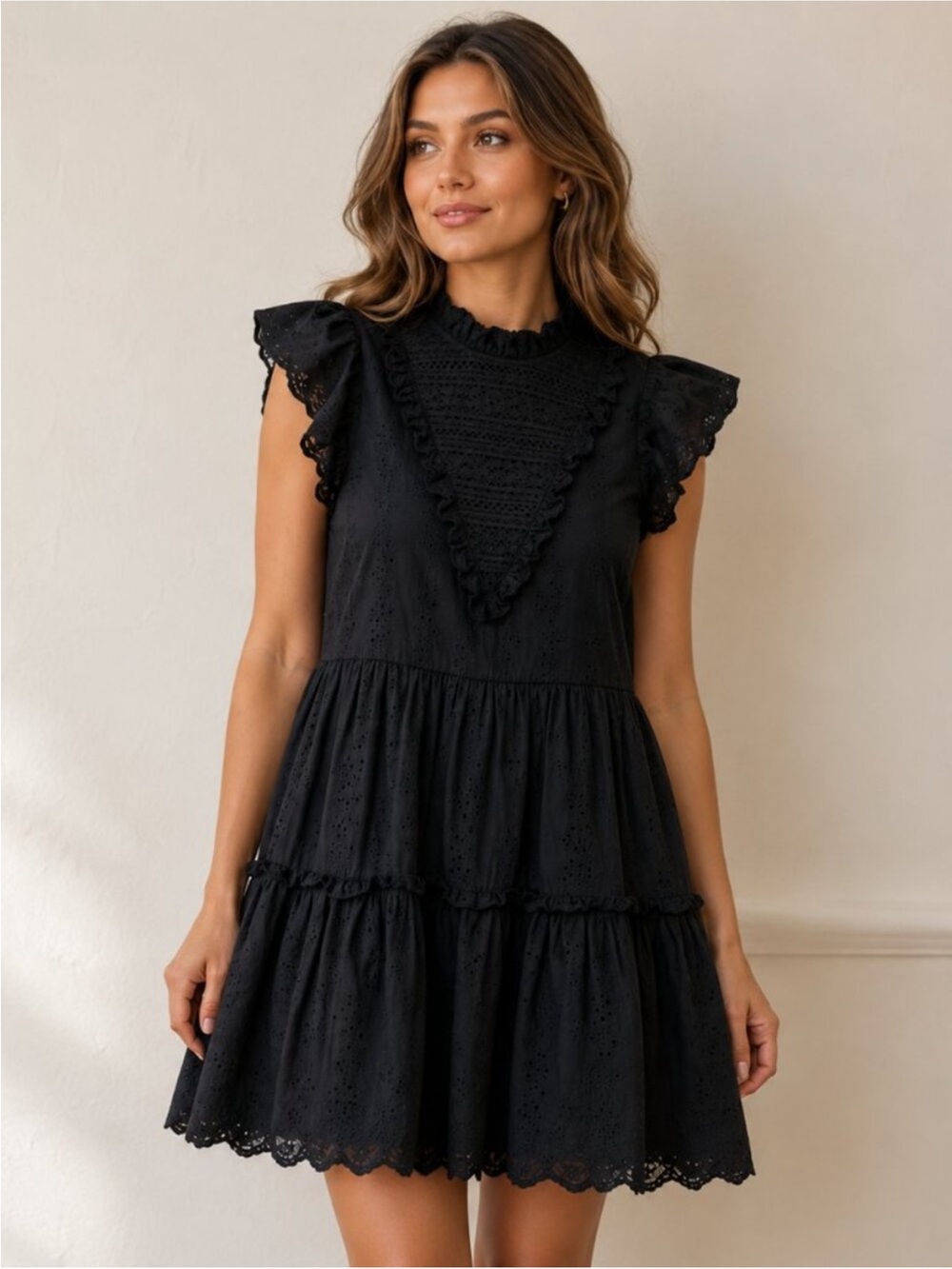 House of Harlow 1960 Black Eyelet Ruffle Mini Dress